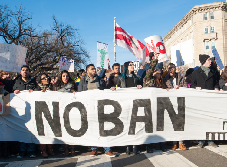 Protesters rally against President Trump's travel ban on February 4, 2017 in Washington DC