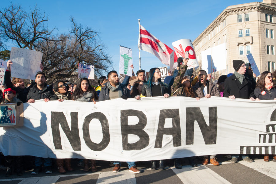 Protesters rally against President Trump's travel ban on February 4, 2017 in Washington DC