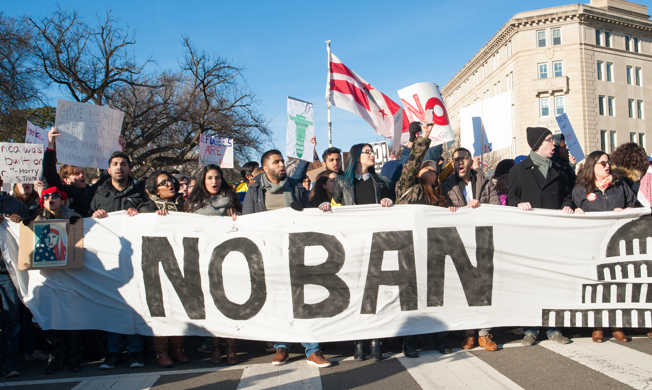 Protesters rally against President Trump's travel ban on February 4, 2017 in Washington DC