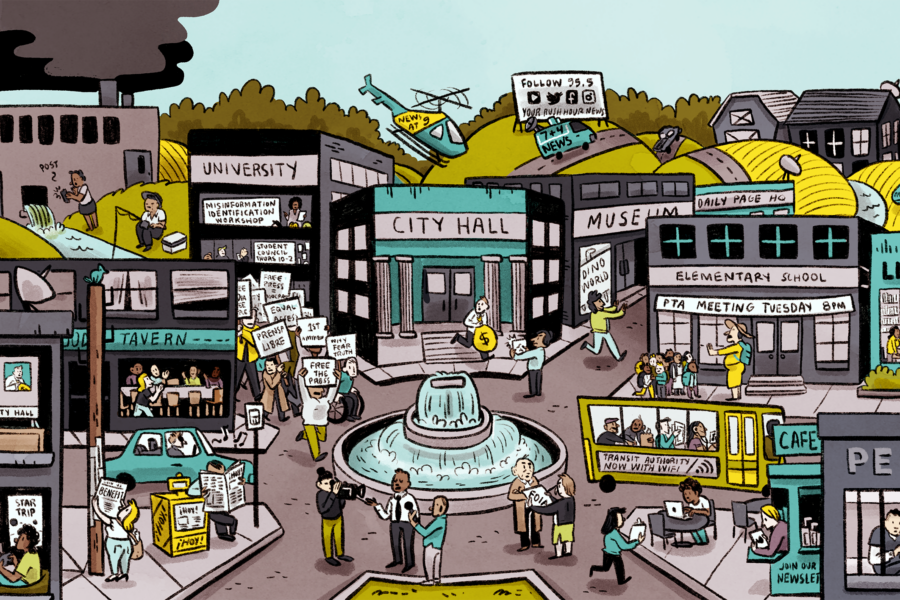 Illustration of a town square with City Hall and a fountain in the center, and other common public areas including schools, a library, a museum, and public transit. The image shows the many different ways people receive news and information, including newspapers, websites, TV, word of mouth, and community meetings. It also illustrates ways journalism helps communities build power, from PTA meetings, to protests, to investigating corruption in local government.