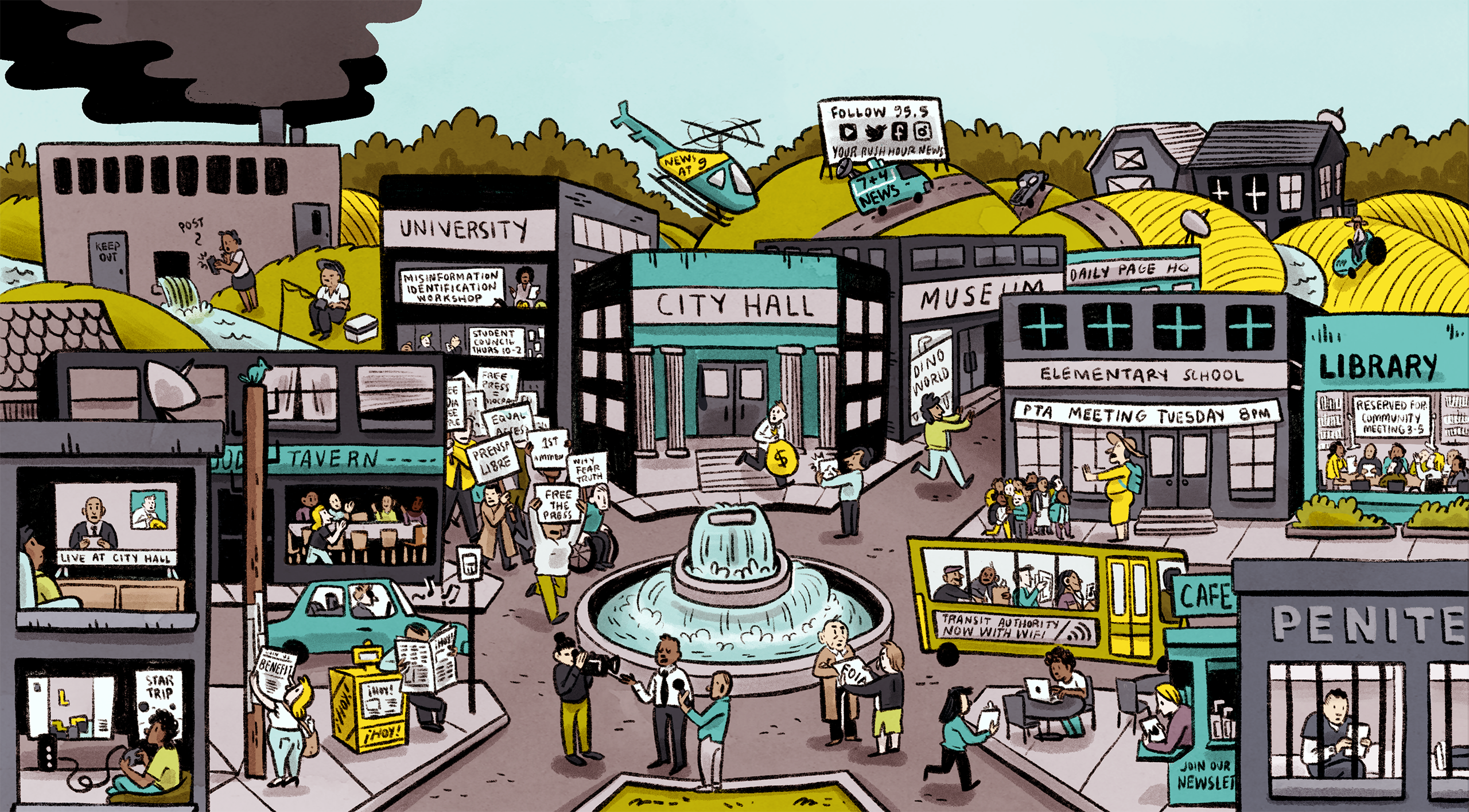 Illustration of a town square with City Hall and a fountain in the center, and other common public areas including schools, a library, a museum, and public transit. The image shows the many different ways people receive news and information, including newspapers, websites, TV, word of mouth, and community meetings. It also illustrates ways journalism helps communities build power, from PTA meetings, to protests, to investigating corruption in local government.