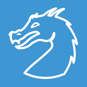 White outline of the head of a dragon (as typically depicted in Western art) against a light blue background.
