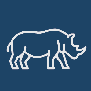White outline of a rhino against a dark blue background.
