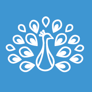 White outline of a peacock against a light blue background. 