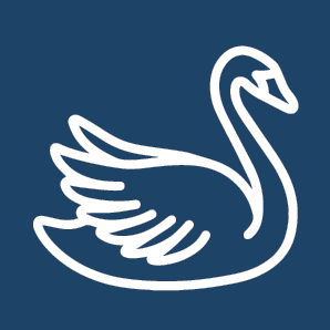White outline of a swan against a dark blue background.